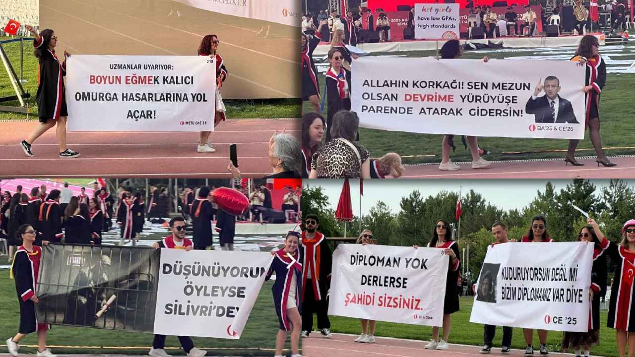 ODTÜ'de gelenek bozulmadı! Mezuniyet törenine damga vuran pankartlarda 'diploma' vurgusu